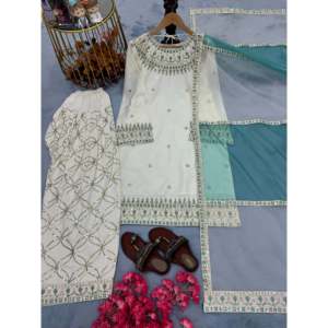 Conjunto de Fiesta para Mujer de Diseñador, Top Elegante con Pantalones Palazzo y Dupatta - Product Image 3