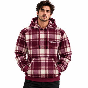 <b>Burgundy</b> Custom <b>Men's</b> Heavyweight Winter Plaid <b>Hoodie</b> | High Quality Warm Streetwear <b>Men's</b> Fleece Hoodies For Winter - Product Image 1
