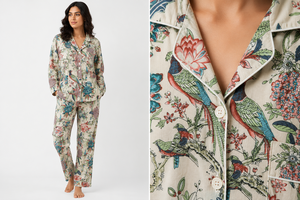 Women's Luxury Cotton Sleepwear Set Floral Bird Print <b>Button</b> <b>Front</b> Pajama Premium Nightwear Collection - Product Image 4