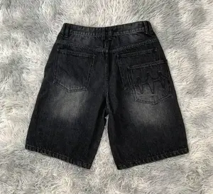 Shorts en jean décontractés pour hommes, coupe ample, vintage, délavés, extensibles, avec logo personnalisé, couleur unie, tendance été - Product Image 2