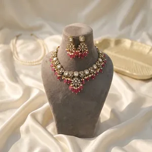 Ensemble de collier et boucles d'oreilles de style Polki en perles de rubis plaquées or de luxe, bijoux de mariage indiens traditionnels pour mariée - Product Image 3