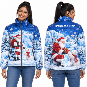Chaqueta acolchada navideña rosa de Papá Noel para mujer, con tela satinada, estampado por sublimación, cremallera frontal. - Product Image 5