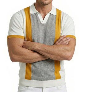 Camisetas Polo de Punto para Hombre al por Mayor, Cuello Johnny, Manga Corta, Bloques de Color Verticales, Dobladillo con Banda, Camisetas Polo Personalizadas para Hombre - Product Image 4