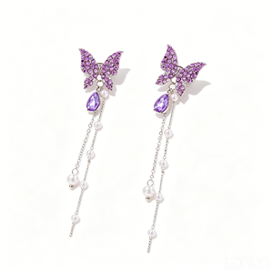 Pendientes de Moda Coloridos y Morados con Diamantes, Mariposas y Borlas Largas de Perlas - Product Image 4