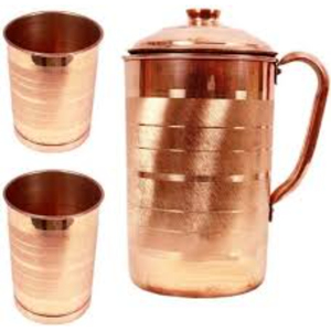 Carafe à eau artisanale 100% cuivre pur avec 2 verres, avantageux pour la santé ayurvédique, finition gaufrée design - Product Image 2