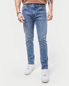 Jean slim homme bleu moyen, coupe ajustée, aspect impeccable, denim extensible doux, lavage classique, jean streetwear élégant, coupe conique confortable - Product Image 1