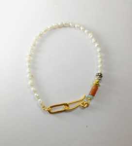 สร้อยข้อมือลูกปัดมุกพร้อมเข็มกลัดทองและลูกปัดกลมสีเขียวส้มสำหรับทำเครื่องประดับทำ B-002สร้างสรรค์ Soumya - Product Image 1
