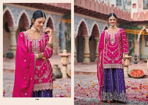 Salwar Kameez Rosa Chinon Bordado con Sharara Lehenga Morado, Traje Tradicional de Boda para Mujer, Largo hasta el Suelo, India Pakistán - Product Image 4