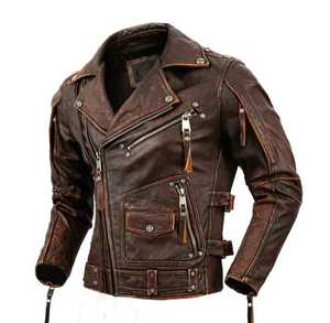 <b>Men's</b> Genuine <b>Leather</b> Slim Waterproof Moto Biker <b>Jacket</b> Stand Collar Zipper Closure Solid Color Satin Lining Autumn Style - Product Image 1