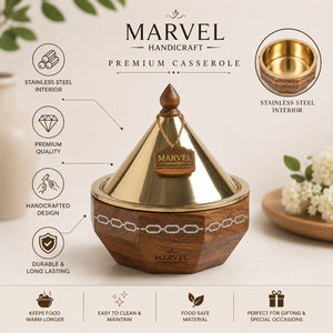 Cazuela Aislada de Madera Premium Marvel Handicraft con Tapa de Acero Inoxidable Dorado |   Recipiente de Lujo para Calentar y Servir Alimentos en Casa - Product Image 5