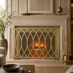 Protector de Chimenea Ovalado de Metal Estilo Art Deco con Malla Resistente y Protector de Chispas, Protector de Hogar Independiente con Acabado Dorado - Product Image 1