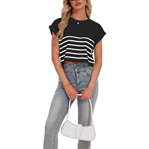 T-shirt court tendance pour femme, longueur réglable, manches courtes, tricot côtelé, haut polyvalent et tendance pour les vacances d'été - Product Image 4