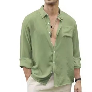 Nouvelle Chemise Habillée Formelle Homme en Lin/Coton Infroissable, Couleur Unie, Col Montant, Manches Longues, Popeline, Style Décontracté pour l'Automne - Product Image 2