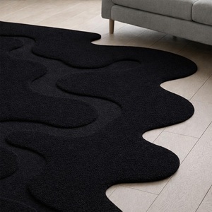 Alfombra abstracta negra de forma irregular, moderna, de lana suave, hecha a mano, para sala de estar, dormitorio, decoración minimalista de lujo. - Product Image 4