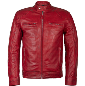 <b>Men's</b> Red PU Leather Moto Jacket Stand Collar Zipper Closure Regular Fit Solid Color Biker Style Autumn Wear - Product Image 6