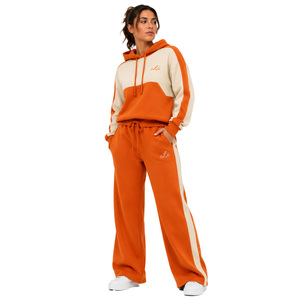 Ensemble de survêtement à capuche color block pour femme avec pantalon large à rayures latérales, logo personnalisé, vêtements en gros, coupe décontractée, hiver automne - Product Image 1