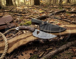 Couteau de chasse OEM Wirecut en acier Damas, lame fixe, manche en bois, couteau de camping et d'extérieur EDC avec étui en cuir - Product Image 2