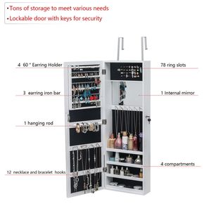 Armadietto a Specchio da Parete Bianco a 4 Ripiani per Gioielli, Specchio Intero con Luce LED a 3 Colori, Design in Legno - Product Image 5