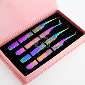 Angled Lash Isolation Tweezers Fiber Tip X Shaped Luxury Tweezers for Lash Extensions <b>Rainbow</b> Color Steel Volume Custom Package - Product Image 1