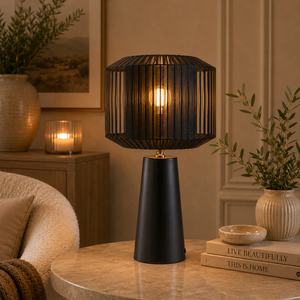 Lanterne en obsidienne, lampe de table en métal avec abat-jour en verre côtelé fumé, finition noire mate, éclairage d'ambiance design - Product Image 1