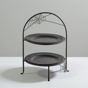 Two Tier Iron Spider Web Plate Stand Elegant Black Halloween Display Rack Perfect for Serving Treats Snacks and Party Decor - Product Image 2