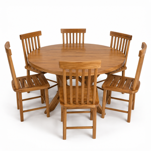 Ensemble de table à manger ronde en teck naturel pour l'extérieur avec 6 chaises à lattes pour jardin, patio, hôtel, complexe hôtelier - Product Image 1