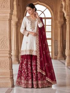 Traditional Indian Pakistani Wedding <b>Lehenga</b> Set <b>Women</b> Maroon White Embroidered Pure Chinon Slik Floor-Length Dress Stretchable - Product Image 1