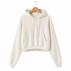 HMR Sorority Sisterhood Sweat-shirt à capuche court en maille unie, coupe oversize à épaules tombantes, couleur crème, pour le printemps et les tenues décontractées - Product Image 5