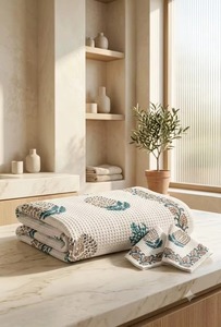 Cotton Floral Bath Towel Set Hand <b>Block</b> Printed 1 Bath Towel & 2 Hand Towels Soft Eco Friendly Skin Friendly Adult - Product Image 1
