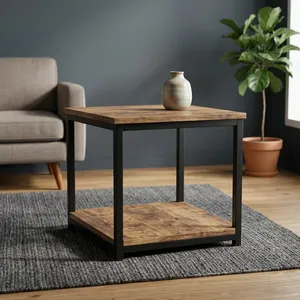 Mesa de Centro de Madera con Estructura de Hierro Negro y Estante Inferior de Almacenamiento, Mueble Rústico Industrial para Sala de Estar - Product Image 3