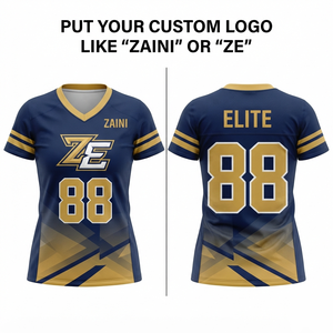 Maillot de football américain pour femmes, 180 GSM, polyester interlock premium, bleu marine et or, design de panneaux sublimés, logo personnalisé, tenue d'équipe - Product Image 1