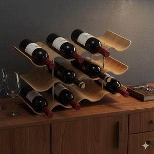 Estante para vinos de tres niveles con forma curva, de metal dorado, ideal para fiestas de cócteles y presentaciones de vinos en eventos de hotel. - Product Image 1