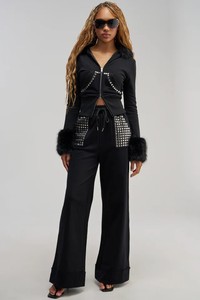 Ensemble de survêtement noir à capuche pour femme, manches longues, fermeture éclair, coupe ample, design 2-en-1, ourlet fendu, poches latérales, tenue décontractée d'automne - Product Image 2