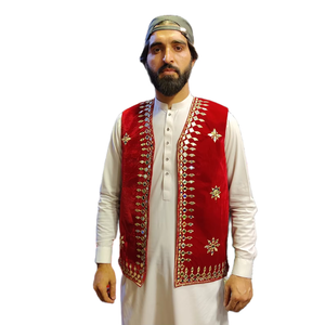 Chaleco de terciopelo para hombre, estilo tradicional afgano Kuchi, con bordado de espejos, color rojo, estilo étnico, chalvar kameez, tendencia actual. - Product Image 1