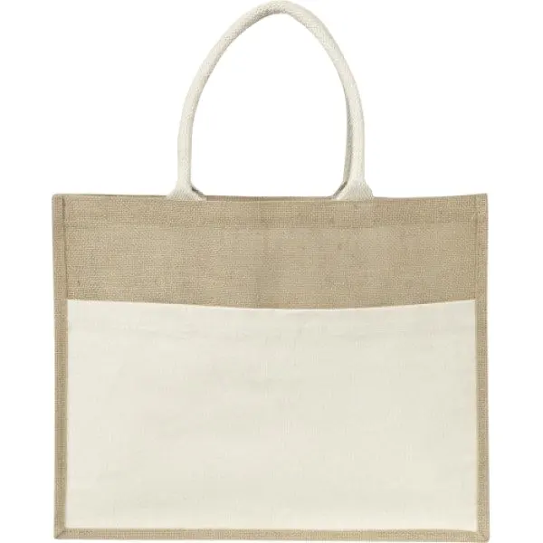 Custom design promotional printed fancy jute carry bags with front pocket