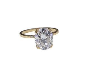 Anillo de compromiso y aniversario de boda para mujer, con moissanita de corte ovalado de 2.50 ct y halo oculto, en oro amarillo macizo de 14k, regalo. - Product Image 1