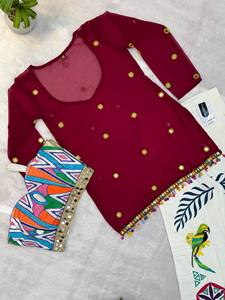 Women's Red Ethnic Cotton Digital <b>Printed</b> Embroidered <b>White</b> <b>Palazzo</b> Pants Loose Fit Casual Wear India Pakistan Style All Seasons - Product Image 6