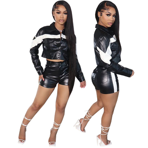Women Zip <b>Long</b> Sleeve Embroidery Jacket and Skinny High Stretch PU Leather Shorts Outfits Fashion <b>Matching</b> Two Piece Sets - Product Image 6