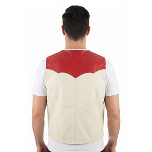 <b>Men's</b> PU Leather <b>Vest</b> <b>White</b> Red Color Blocked V-Neck Single Breasted Casual Outerwear Breathable UV Protection - Product Image 2
