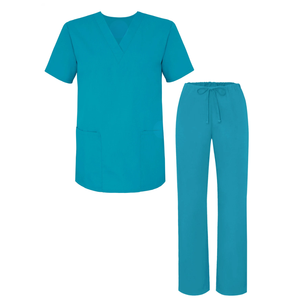 Women's Teal <b>Scrub</b> Set V-Neck Short Sleeve Pants Hospital <b>Uniforms</b> Polyester Woven - Product Image 4