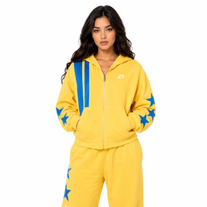 Sudaderas con capucha premium para mujer, con cremallera completa, amarillas, mezcla de algodón, diseño de estrellas y rayas, ropa urbana de otoño, fabricante de logotipos personalizados - Product Image 1
