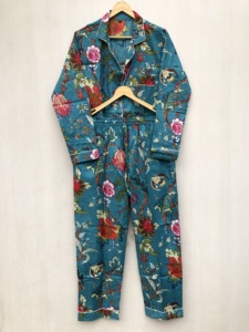 ชุดนอนผ้าฝ้ายลายดอกไม้ ชุดนอนผ้าฝ้ายทำมือ ชุดนอนอินเดียลายดอกไม้พิมพ์ลายด้วยมือ ชุดนอนผ้าฝ้าย - Product Image 6