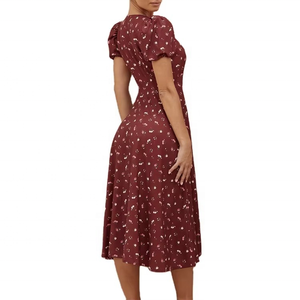 Vestido Cruzado Floral de Verano, Vestido Midi Informal Vintage para Mujer con Mangas Cortas Abullonadas y Cuello en V - Product Image 3