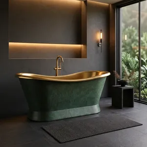 Baignoire de luxe en cuivre massif, faite à la main, autoportante, avec finition vert antique et bordure en laiton pour salle de bain - Product Image 4