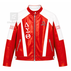 Custom Delta Sigma Theta Sorority Leather <b>jacket</b> red & <b>white</b> Embroidered logo Casual Style for female with polyester lining - Product Image 1