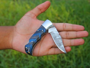 Damascus Steel <b>Drop</b> Point Industrial Grade Non-Adjustable Pocket Knife Mosaic Wooden Handle Straight Edge 6.5 Inches Total - Product Image 6
