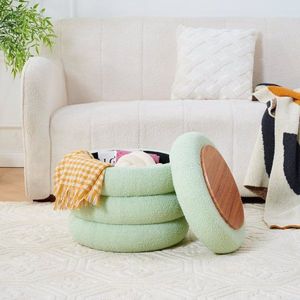 Modern Round Sherpa Footstool Teddy Vanity <b>Stool</b> with Flip Top Tray Upholstered Makeup Chair for Home Decor <b>Storage</b> Ottoman - Product Image 4