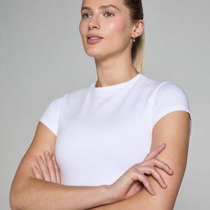 <b>Women's</b> <b>White</b> Solid Color Crew Neck T-<b>Shirt</b> Slim Fit Crop Length Ruched Detail Knitted Breathable <b>Short</b> <b>Sleeve</b> Minimalist Style - Product Image 6