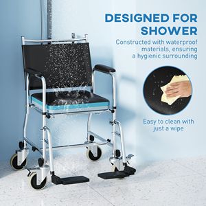 Chaise de douche roulante noire 300 lb, chaise de toilette de chevet, fauteuil roulant avec dossier et siège rembourrés, revêtement poudré pour personnes âgées et handicapées - Product Image 6