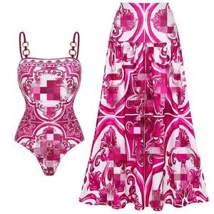 Traje de Baño de Dos Piezas para Mujer, Diseño Bandeau Hecho a Mano con Estampado de Dos Colores, Anillos, Cobertura Modesta, Conjunto con Falda y Cubrebaño, Tallas S-XL - Product Image 4